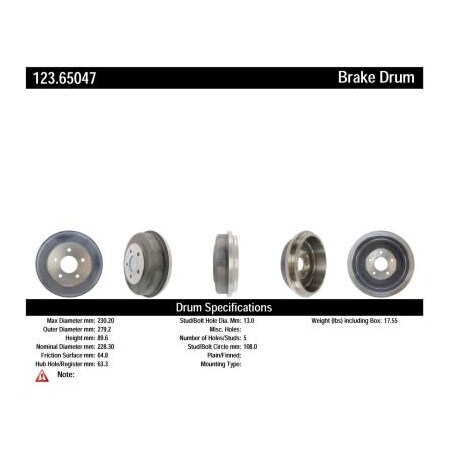 Centric C-Tek Standard Brake Drum, C-Tek 123.65047 123.65047